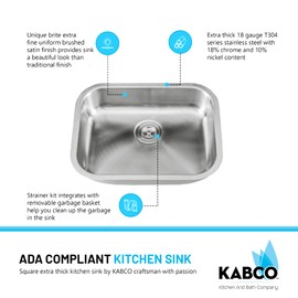 KABCO 23 Inch Single Bowl ADA Compliant 18 Gauge Undermount Kitchen Bar Sink, Rust Resistant Sound and Heatproof Satin Finished Stainless Steel Sink with Sink Strainer and Removable Garbage Basket