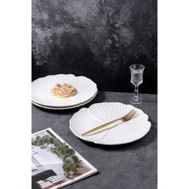 Jusalpha Set of 3-Japanese Style Flower Petal Shaped Porcelain Dinner Plates, Versatile Circular Serving Plates for Breakfast, Salad, Steak Dinner, PL019 (Flat plate, 10'', White)