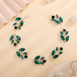 Teyglen Green Crystals Bride Wedding Headband Hair Vine Handmade Bridal Silver Black Rhinestones Headband Wedding Hair Accessories for Brides Vintage Headpieces for Women Girl Party Prom Birthday (Malachite Green)