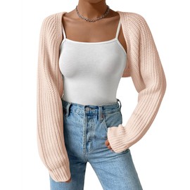 SECRETEYARD Women's Long Sleeve Open Front Knitted Crop Cardigan Drop Shoulder Knit Bolero Shrug Sweater Pink White