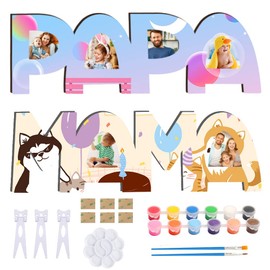RtottiM Mama Papa Gift Grandson Gifts for Dad Mum Birthday Picture Frame Dad Picture Frame Wooden Letters Craft Set with Colours and Brush Gift Ideas for Mum Dad