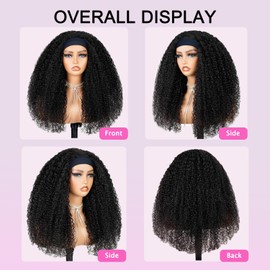 CUUYUN Kinky Curly Headband Wig Human Hair Curly Headband Wigs for Black Women 16 Inch None Lace Front Wigs Machine Made Wigs Glueless Brazilian Curly Human Hair Wig
