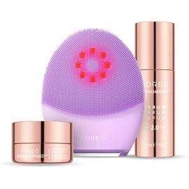 FOREO Set Glow & Clean – Cepillo facial LUNA 4 plus Sensitive + SÉRUM SUPERCHARGED 2.0 30 ml + Mascarilla hidratante de noche 75 ml – Tecnología de luz avanzada