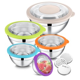 E-far Mixing Bowls Set of 5, Stainless Steel Salad Mixing Bowl with Transparent Lid, Metal Nesting Bowl with 3 Graters for Kitchen Prepping/Serving/Baking/Storage, 4.6/2.6/1.5/1/0.7 QT - Colorful