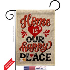 Home is Happy Place Burlap Garden Flag - Pack Expression Sweet Flower Vintage Rustic Everyday Floral Classic USA Applique - House Decoration Banner Small Yard Gift Double-Sided Made in 13 X 18.5