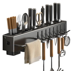 EOFJRUC Kitchen Utensil Rack Wall Mounted, Multi-Functional Kitchen Storage Rack with Chopstick Holder & Hooks, Carbon Steel + ABS Material, Punch-Free Design for Knives, Spoons, Matte Black