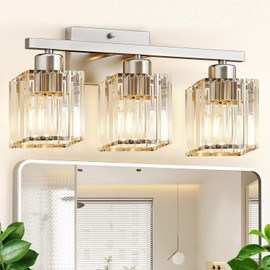 GOLSPARK Modern Crystal Bathroom Vanity Light, 3-Light Brushed Nickel Vanity Lighting Fixtures Over Mirror for Bathroom, Wall Sconce Bath Wall Light, E26 Base Square Crystal Shades (Exclude Bulb)