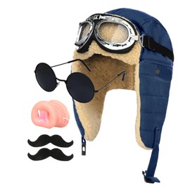 Moerstar Pig Nose Cosplay Pig Sunglasses Beard Flight Cap Goggles Set Halloween Costume Goods Pilot Costume Accessory Funny Party Photo Session Event (5 Piece Set (Navy Hat))