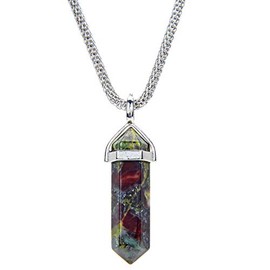 Tacool Gemstone Hexagonal Pointed Reiki Chakra Beaded Pendant Neclace Stainless Steel Chain 18 Inches (Dragon Blood Jasper)