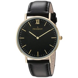 Peugeot Men's Ultra Slim Watch, 14Kt Gold Plated Round Minimalist Wrist Watch for Men with Easy to Read Dial and Genuine Leather Band
