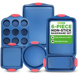 NutriChef 6-Piece Non Toxic Bakeware Set – Carbon Steel Baking Pan Includes Cookie, Muffins, Loaf, Bread, Round & Square Pans, Non-Stick, Easy Release, & Easy Clean