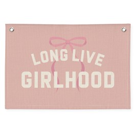Wheatwin Long Live Girlhood Banner, Girl Nursery Decor, Toddler Girl Room Decor, Pink Bow Girls Room Wall Decor, Long Live Girlhood Linen Banner Wall Hanging Canvas Banner Flag 20x30 Inch
