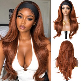 Yaki Wavy Flip Curls Headband Wigs for Black Women Ombre Brown Wigs 26 Inch