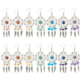 Pandahall 7 Pairs Dream Catcher Dangle Drop Earrings for Women Bohemia Dreamcather Feather Earring Agate Gemstone Chips Western Earrings Jewelry Earrings for Women