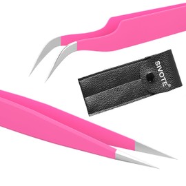 SIVOTE Lash Tweezers for Eyelash Extensions – Professional Stainless Steel Straight & Curved Tips – Precision Lash Extension Tweezers Set for Volume & Classic Lashes (c, Pink)
