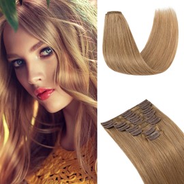 Elailite Hair Extensions Real Human Hair Clip in 8 Pieces (Thin Weft) Remy Natural Hair Full Head Straight - #27 Dark Blonde - 16 Inch (65 g)