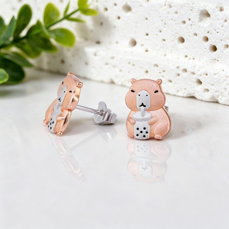 S925 Sterling Silver Capybara Earrings for Women, Cute Boba Stud