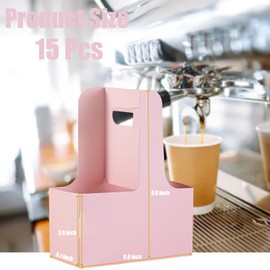 15 Pack 2/4 Cup Drink Carrier with Handle - Sturdy Kraft Paperboard Coffee Cup Holder for Hot/Cold Drinks, Food Delivery, Takeout, Parties (Pink, Disposable, 15 Count)
