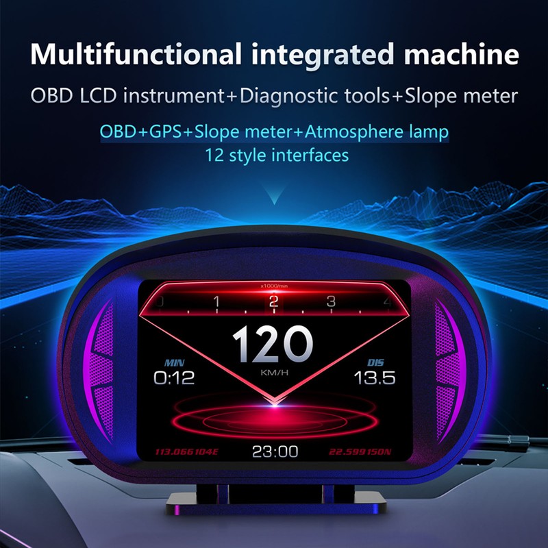 Car HUD Display OBD2 GPS Mode with Inclinometer Compass Speed