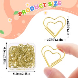 100 Pcs Gold Heart Paper Clips, Small Paper Clips Love Shaped Love Shaped Bookmarks Mini Metal Paperclips for Office Supplies Document Note Sorting Organizing Wedding Decoration Crafts