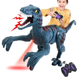 APOBATK Large Remote Control Velociraptor Toy - Realistic Walking Dinosaur with Lights & Sounds - STEM Toy for Boys Ages 5-7 & 8-12 Blue