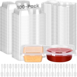 NiHome Disposable Double Compartment Condiment Containers with Secure Leak-Proof Lids & Transparent Spoons, Portable Seasoning Storage for Picnics, Lunch Boxes, Travel, Food Safe PP5 Plastic (10PCS)
