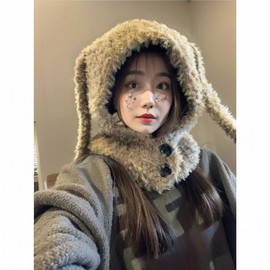 Cute Women's Plush Long-Eared Rabbit Balaclava Hat for Fall/Winter lf3114 Free Size/Free Size SCB - Khaki [Khaki] 5ea
