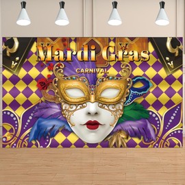 XZEIT Mardi Gras Party Backdrop - Vibrant Purple & Gold Glittering Mask Design - Perfect for Masquerade Carnival Fiesta - 71" X 43" - Photo Booth Prop Decorations