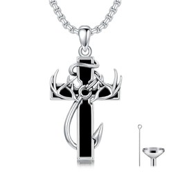 MEIDERBO Cross Urn Necklace for Ashes Fish Hook Cremation Necklace 925 Sterling Silver Deer Antler Cross Memorial Jewelry Cross Keepsake Gifts for Men Father Husband(Black Bottom)