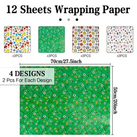 12 Sheets Football Wrapping Paper 27" x 20" Gift Paper Folded Cartoon Wrapping Paper Set Birthday Gift Wrap Paper for Boys Men Back to School Birthday Holiday Party Decor Gift