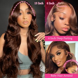 Tiwugi 28 Inch 13x6 Chocolate Brown Body Wave Human Hair Wigs Pre Plucked Body Wave Human Hair Lace Front Wigs for Black Women 180% Density Chocolate Brown Lace Front Wig with Baby Hair