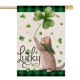 FUYUCHEN St Patricks Day Cat House Flag 28x40 Inch Double Sided for Outside Large Burlap Flag Buffalo Plaid Shamrocks Lucky Clovers Yard Holiday Decoration