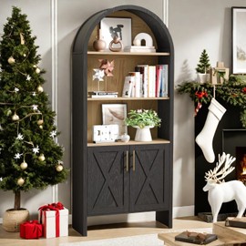 infurnic Arch Storage Cabinet with Beech-Wooden Door, 60” Arched Display Floor Cabinet, 4 Tier Farmhouse Buffet Cabinet with Storage for Dining Room, Living Room, Home Office or Kitchen(Black)