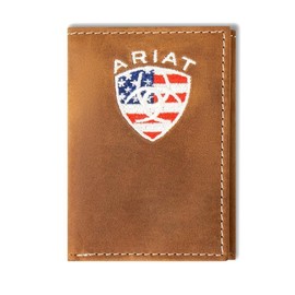 ARIAT Men's Leather Trifold Wallet with American Flag Shield Embroidery
