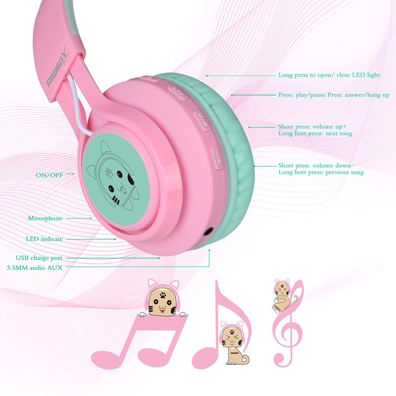Riwbox CT-7 Cat Ear Bluetooth Headphones, LED Light Up Bluetooth