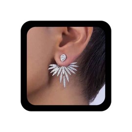 Xmsrn Vintage Crystal Lotus Ear Jacket Earrings Rhinestone Lotus Stud Earrings Silver CZ Lotus Ear Climber Earrings Crystal Curved Earrings Crystal Wings Ear Jacket Earrings For Women, Zinc, No