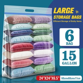15 Gallon Large Storage Bags, 24" x 24" Clear Plastic Zipper Bags with Handles, Extra Large XL Heavy Duty for Travel Home Moving, Pack of 6