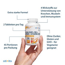 Calcium Magnesium Zinc D3 Tablets - 90 Vegan Tablets for 1.5 Months - High Dose with Vitamin D3 - For Bones, Muscles, Immune System - No Additives - Made in EU