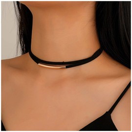 Yheakne Boho Layered Suede Choker Necklace Black Leather Necklace Chain Gold Bar Choker Black Cord Choker Necklace for Women and Girls Gifts