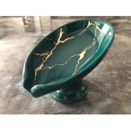 Elegant Marble Grain Ceramic Soap Dish, Leaf Design, Self-Draining, 5 x 3 inches (Green)