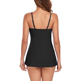 Vozobi Women's Two Piece Swimsuits V Neck Tankini Bathing Suits with Matched Bottoms Twist Knot Tropical Skirted Swimdress Black