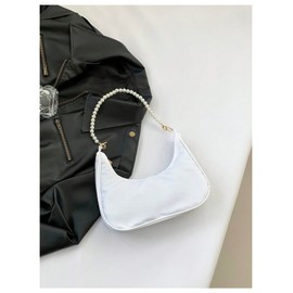 MakeMeChic Women's Metallic Pearl Beaded Ruched Single Strap Shoulder Handbags Hobo Bags White One Size