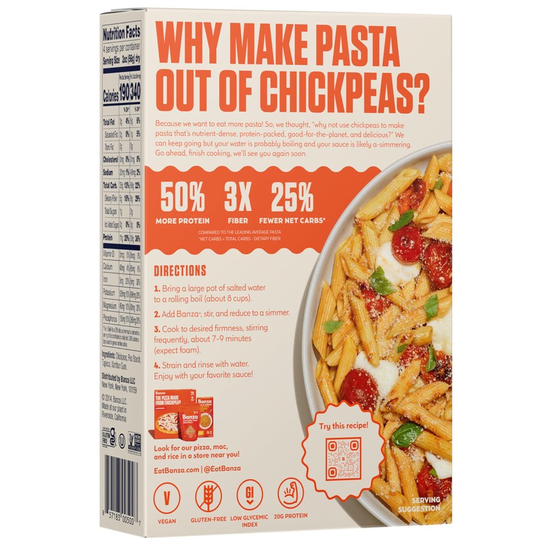 Banza Gluten-Free Chickpea Pasta, Penne 20g Protein | Lower Carb