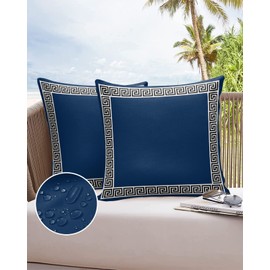 Outdoor Waterproof Throw Pillow Covers Set of 2 Geometric Greek Key Design Decorative Pillowcases Square Outdoor Pillows Cushion Case 18x18 Inch Navy Blue Patio Pillows for Couch Sofa Bed Garden