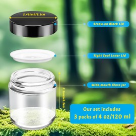 MotBach 3 Pack 4oz Glass Jars with Lids, Small Glass Containers with Lids and Inner Liners, 120ml Glass Jars Travel Toiletries with Spatulas for Makeup Cosmetic Slime Sample Lip Balm Cream Lotion