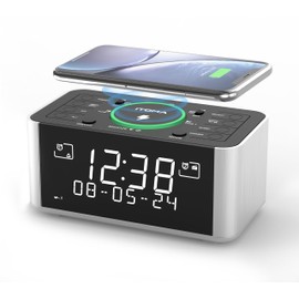 Wireless Charging Alarm Clock with DAB & FM Radio, 40 Preset Stations, Dual Alarms, Snooze, Dimmable LCD Display, Bluetooth, USB Charging and Earphone Jack, Bedside Alarm Radio iTOMA 206D