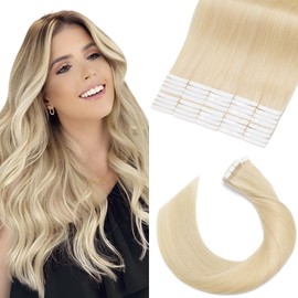 Elailite Blonde Tape in Hair Extensions Real Human Hair 40 Pcs 100g - Seamless Skin Weft Real Remy Hair Extension Long Straight (#613 Bleach Blonde, 24 Inch)