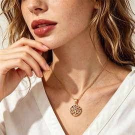Circle Multicolor CZ Tree Of Life Necklace For Women-Gold Plated Healing Crystal Necklace For Valentines Day Mother's Day Birthday Gifts