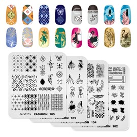 KADS 5Pcs Nail Plates Stamping Set Plaid Leopard-Print Flower Leaves Butterfly Fashion Patterns Nail Printing Plate Kit DIY Nail Stamp Templates Nail Salon Design Tools (Fashion Set)