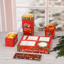 Harloon 100 Pcs Christmas Movie Night Snack Trays Christmas Party Supplies Include 20 Movie Night Trays, 20 Popcorn Boxes, 20 Salad Bowls, 20 Nacho Bowls, 20 Invitations for Xmas Birthday Party Favors